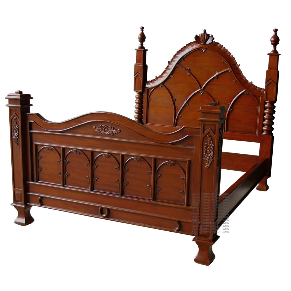 Gothic Revival Mahogany Bed Repro, King Size Gothic Bed Frame