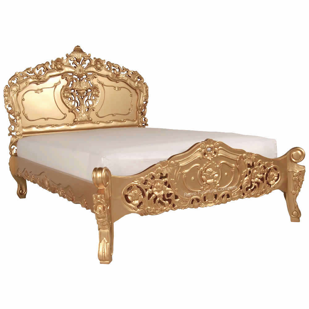 Rococo Gold Double Bed Repro, Antique Gold Bed Frame